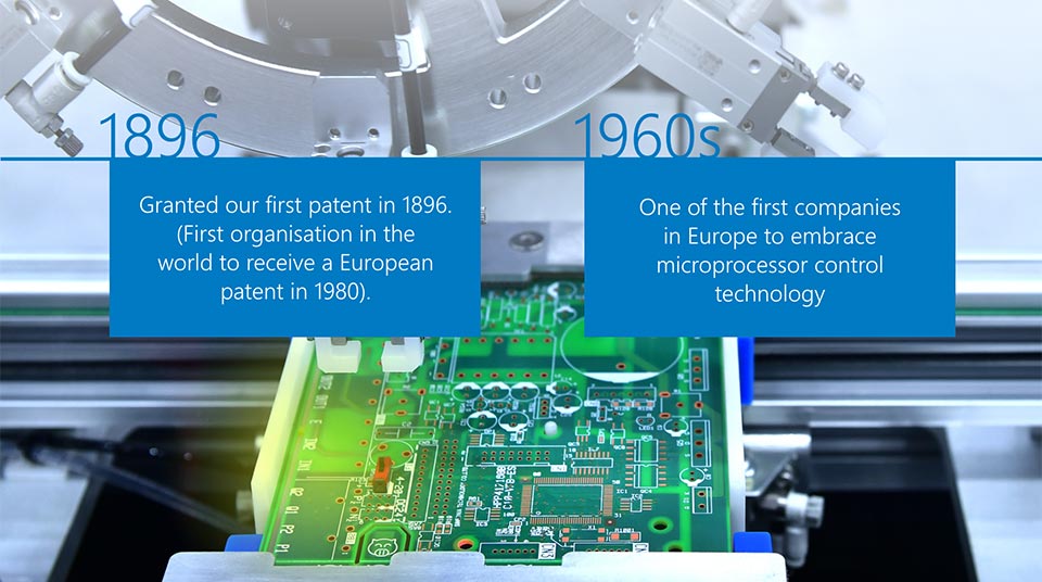 1896 - Granted our first patent in 1896. (First organisation in the world to receive a European patent in 1980). 1960s - One of the first companies in Europe to embrace microprocessor control technology